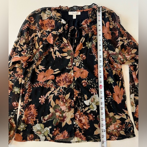 Haver & Blair Boho Flowy Sheer Floral Riffled Blouse Large Black Rust Olive - Picture 5 of 14